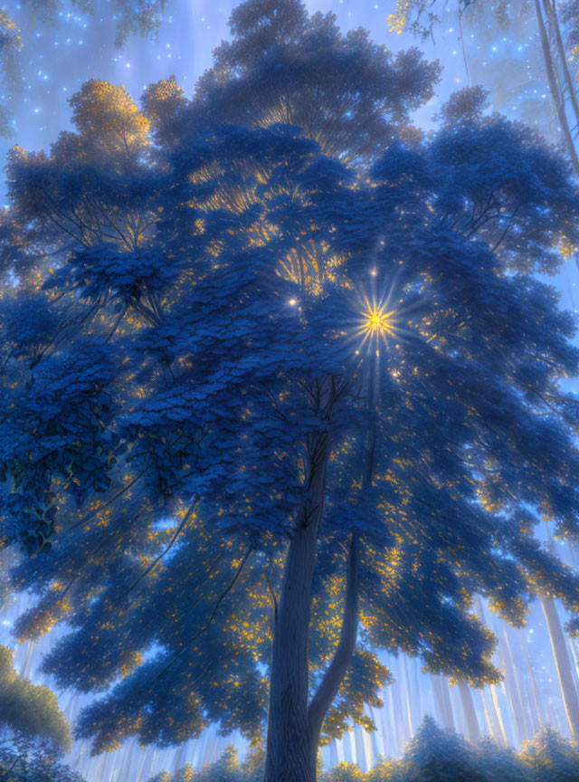 Majestic tree with dense foliage under twilight sky and sunbeams.