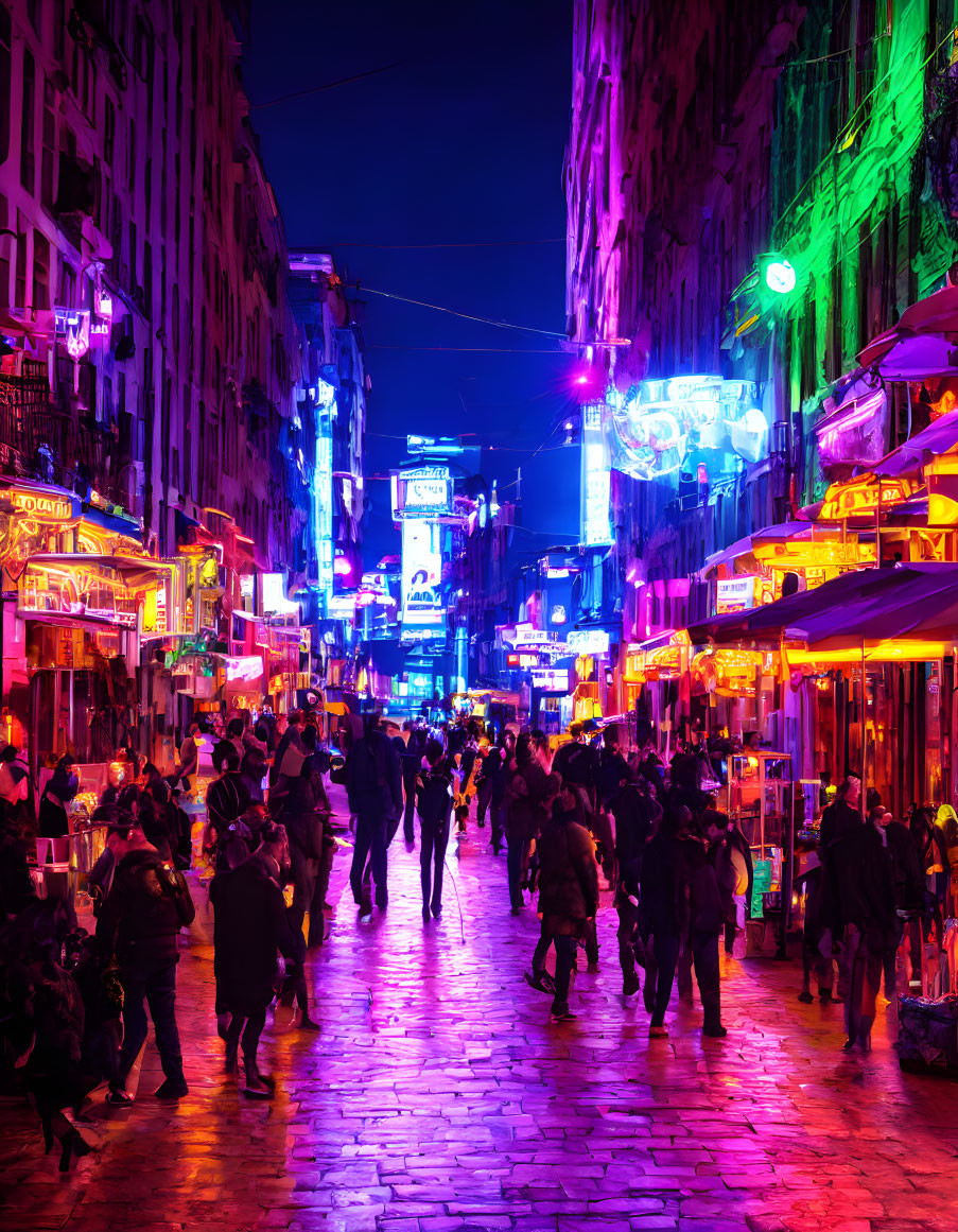 Vibrant neon-lit street scene with crowded sidewalks