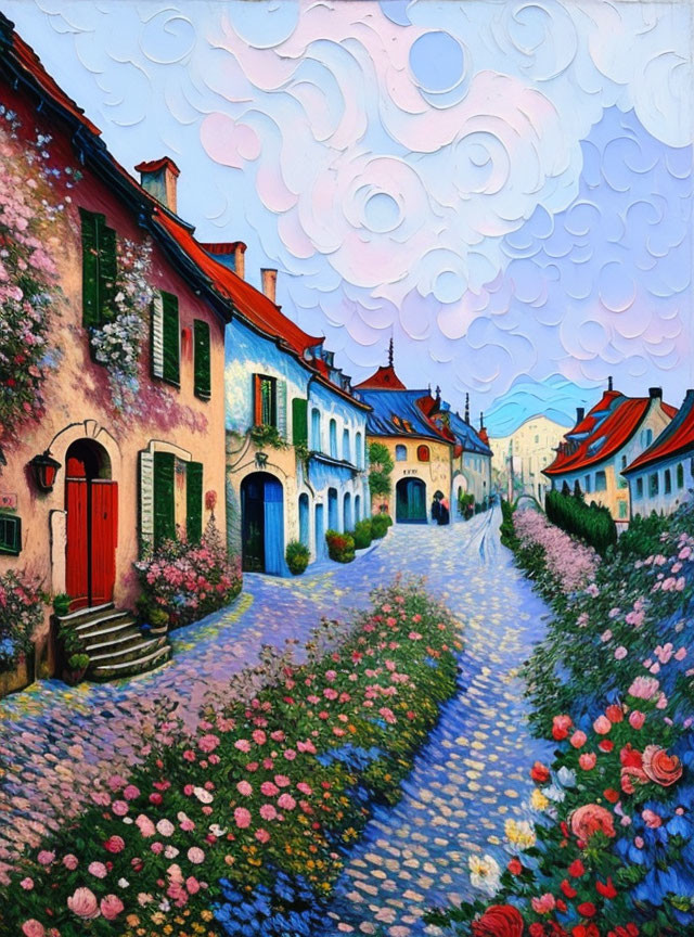 Colorful Impressionist Painting of Quaint Street Scene