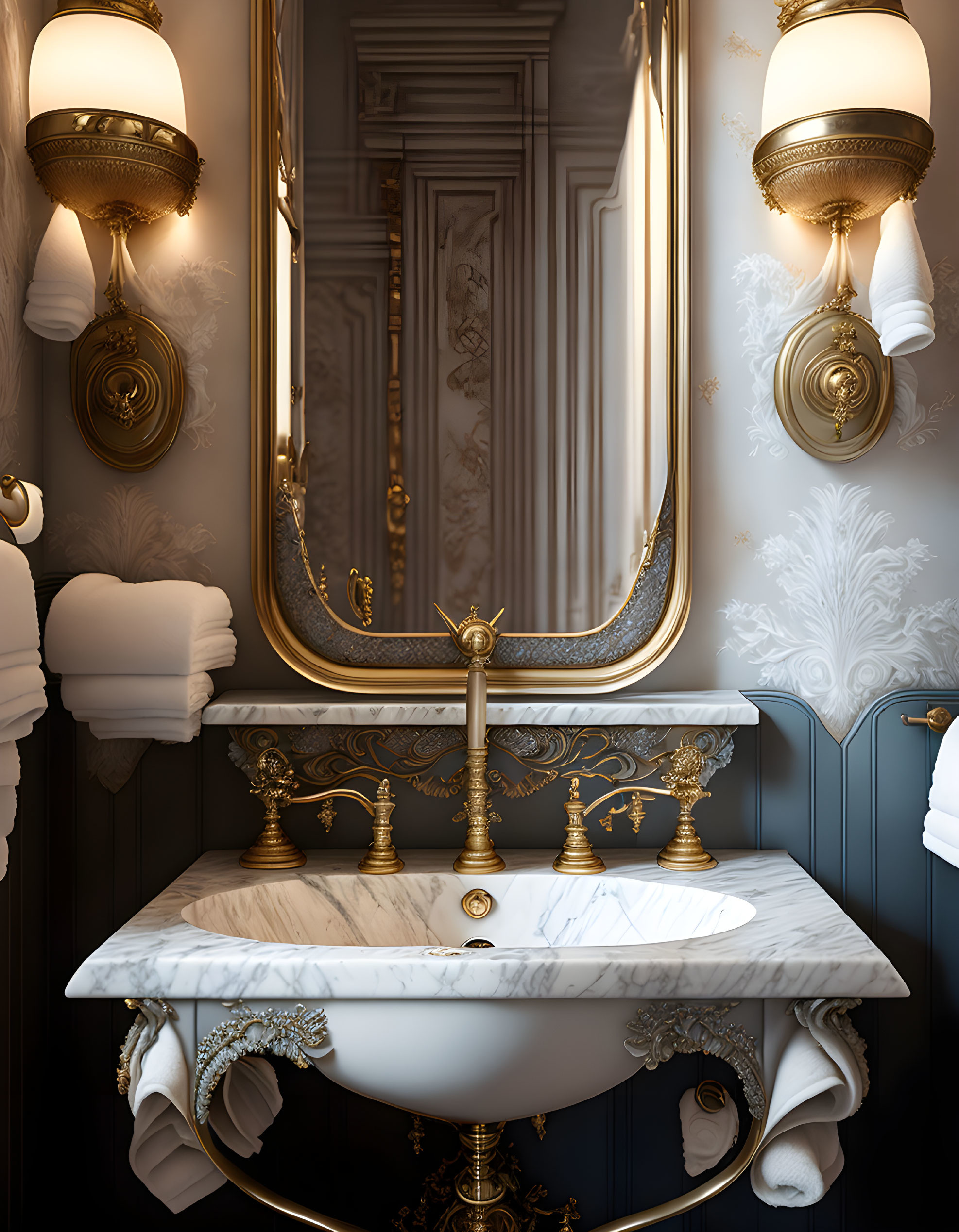 Luxurious Bathroom with Gold Fixtures & Marble Sink