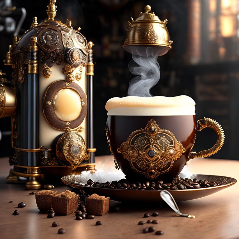 Steampunk-themed coffee setup with ornate machine, creamy coffee, beans, and chocolates.