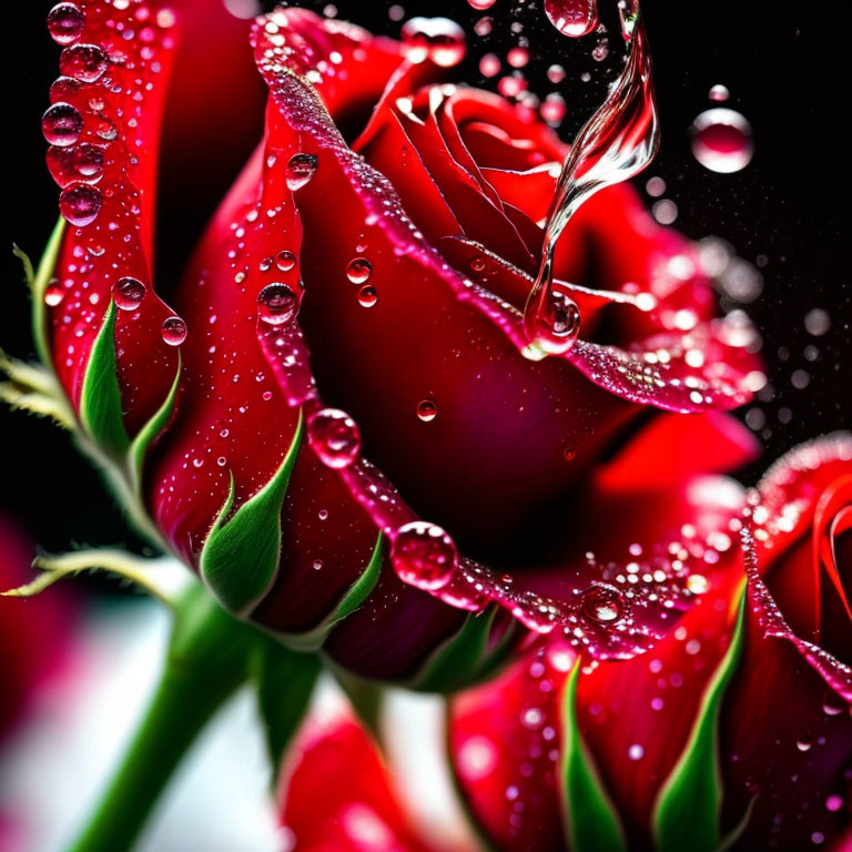 Vibrant red rose with water droplets on petals against dark background