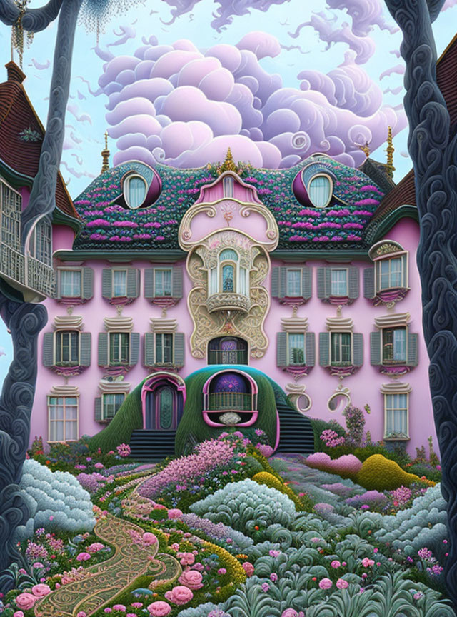 Pink fantasy mansion with lush gardens and dreamy clouds