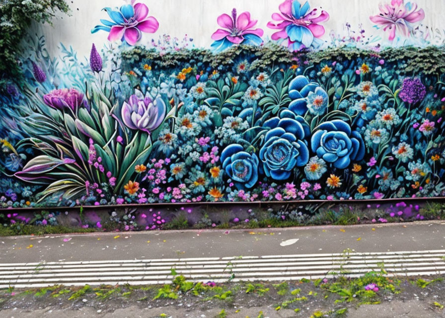 Colorful street mural: oversized blue and pink flowers with green foliage on wall