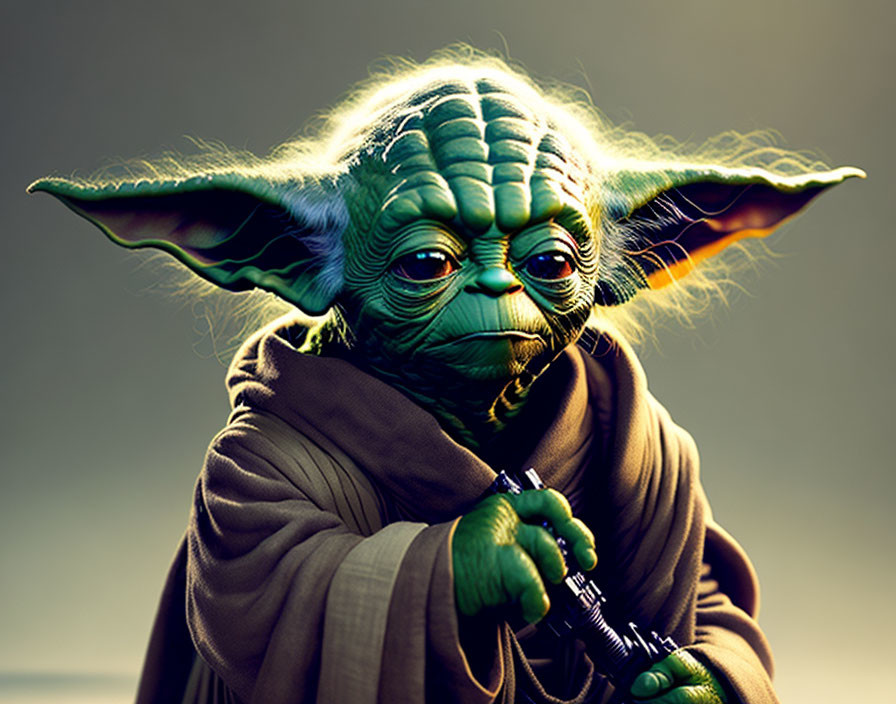 Detailed Yoda portrait with lightsaber on moody backdrop