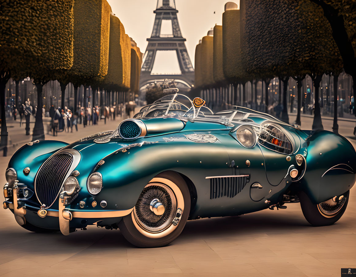 Vintage Teal Sports Car Parked with Eiffel Tower Background