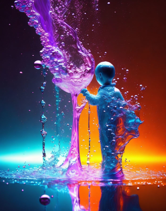 Child playing in vibrant illuminated water reflection