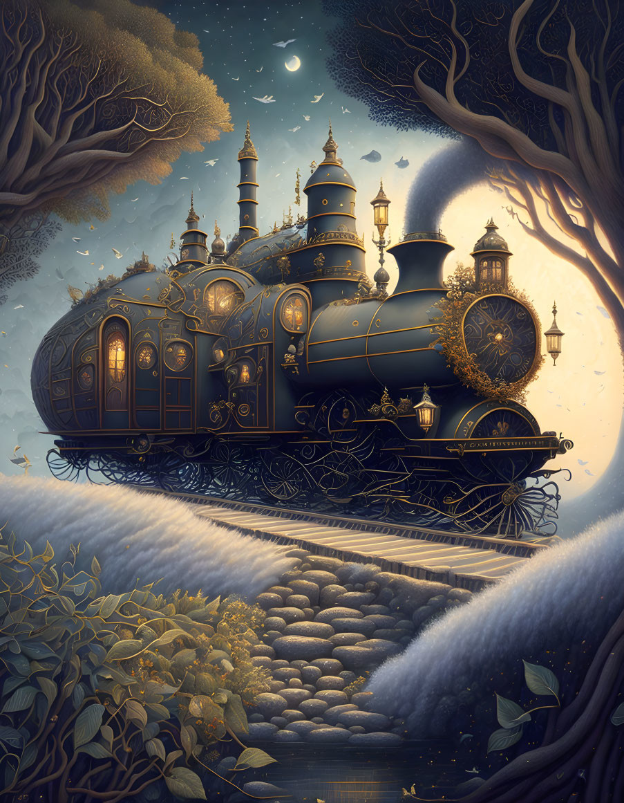 Ornate magical steam train in enchanted night landscape