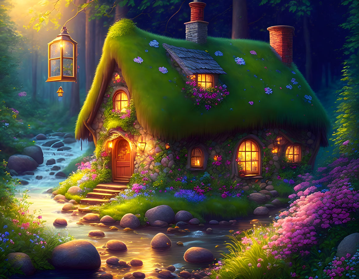 Cozy cottage with green roof, glowing windows, lantern-lit path by stream at twilight