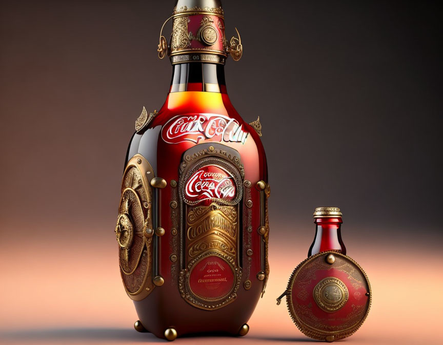 Steampunk-style Coca-Cola bottle with metallic accents and cogwheel designs