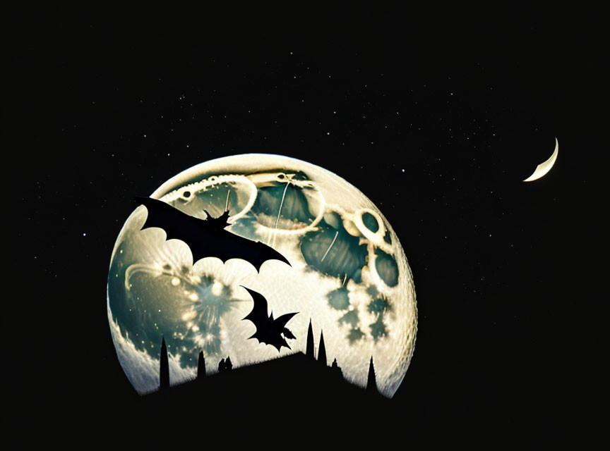 Stylized moon with floral and butterfly designs, silhouetted trees, bats, and cres