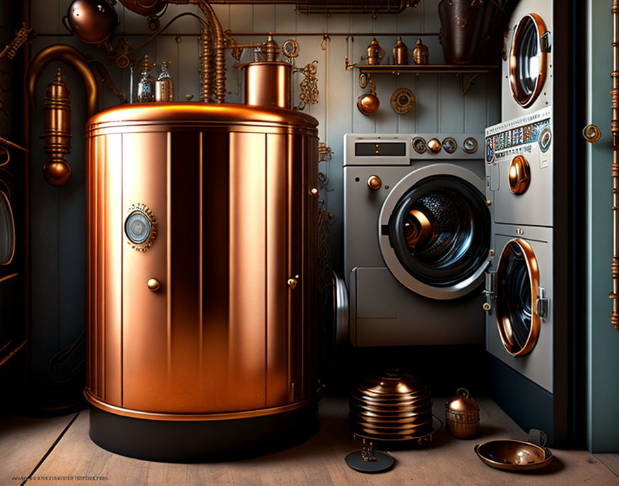 Steampunk-Themed Room with Copper Boiler, Piping, Vintage Washing Machine, and Wall D