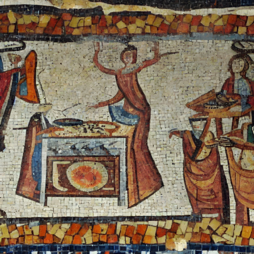 Ancient mosaic of woman making bread with attendants, vibrant colors.