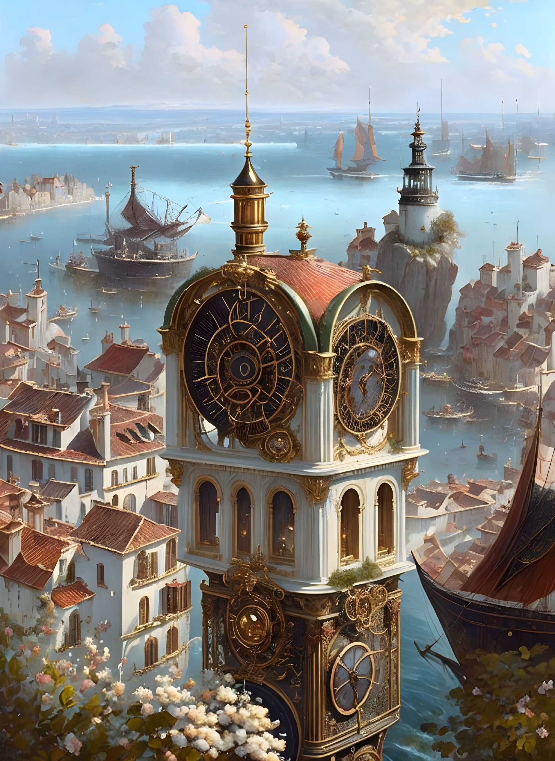 Golden Clock Tower in Coastal City Harbor with Sailing Ships