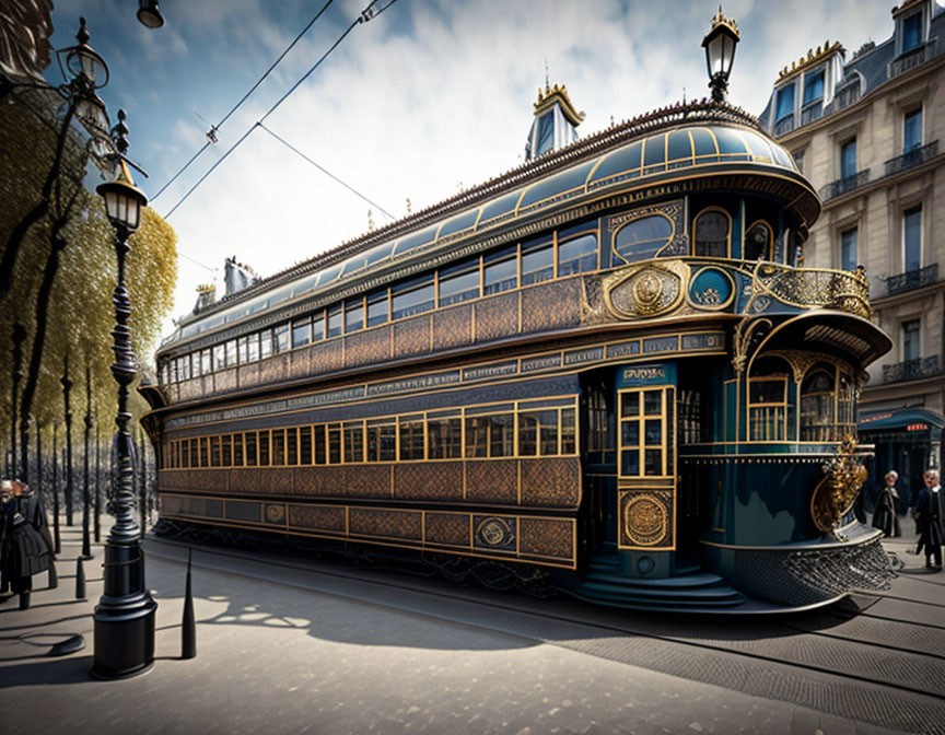 Vintage-style ornate tram in city street with pedestrians and classic street lamps