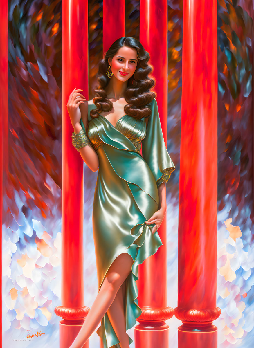 Woman in Green Satin Dress Among Red Pillars and Flowers