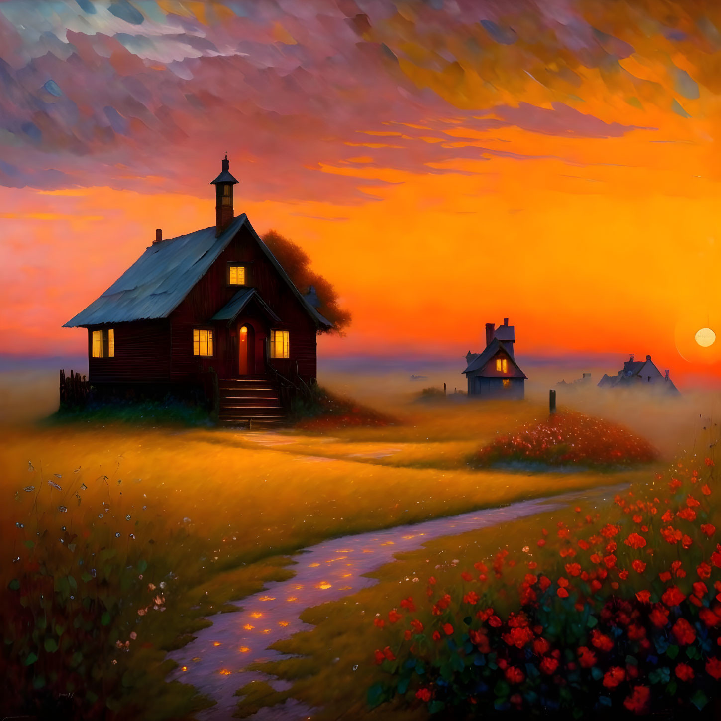 Tranquil rural sunset scene with warmly lit house, path, vibrant flowers, and orange sky.