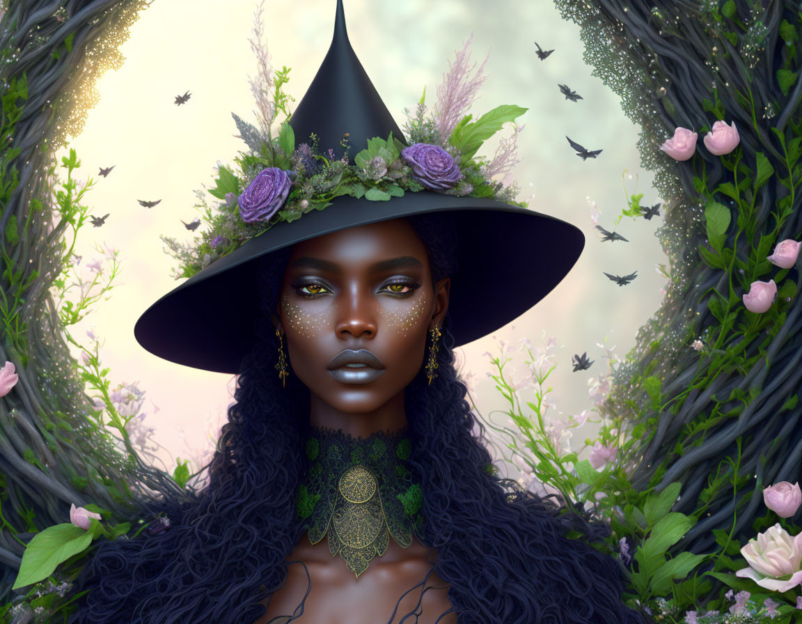 Dark-skinned woman in witch's hat with flowers, gold jewelry, surrounded by vines and butterflies