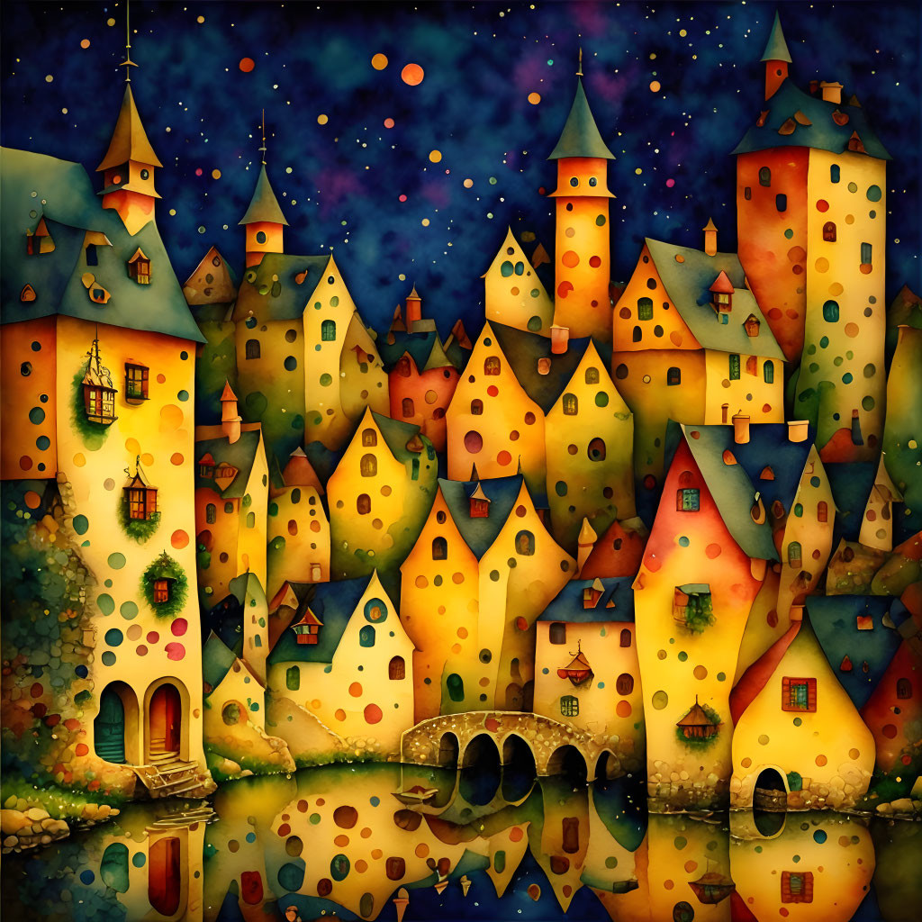 Colorful Fantasy Village Illustration with Glowing Windows, Starry Sky, and Reflective River