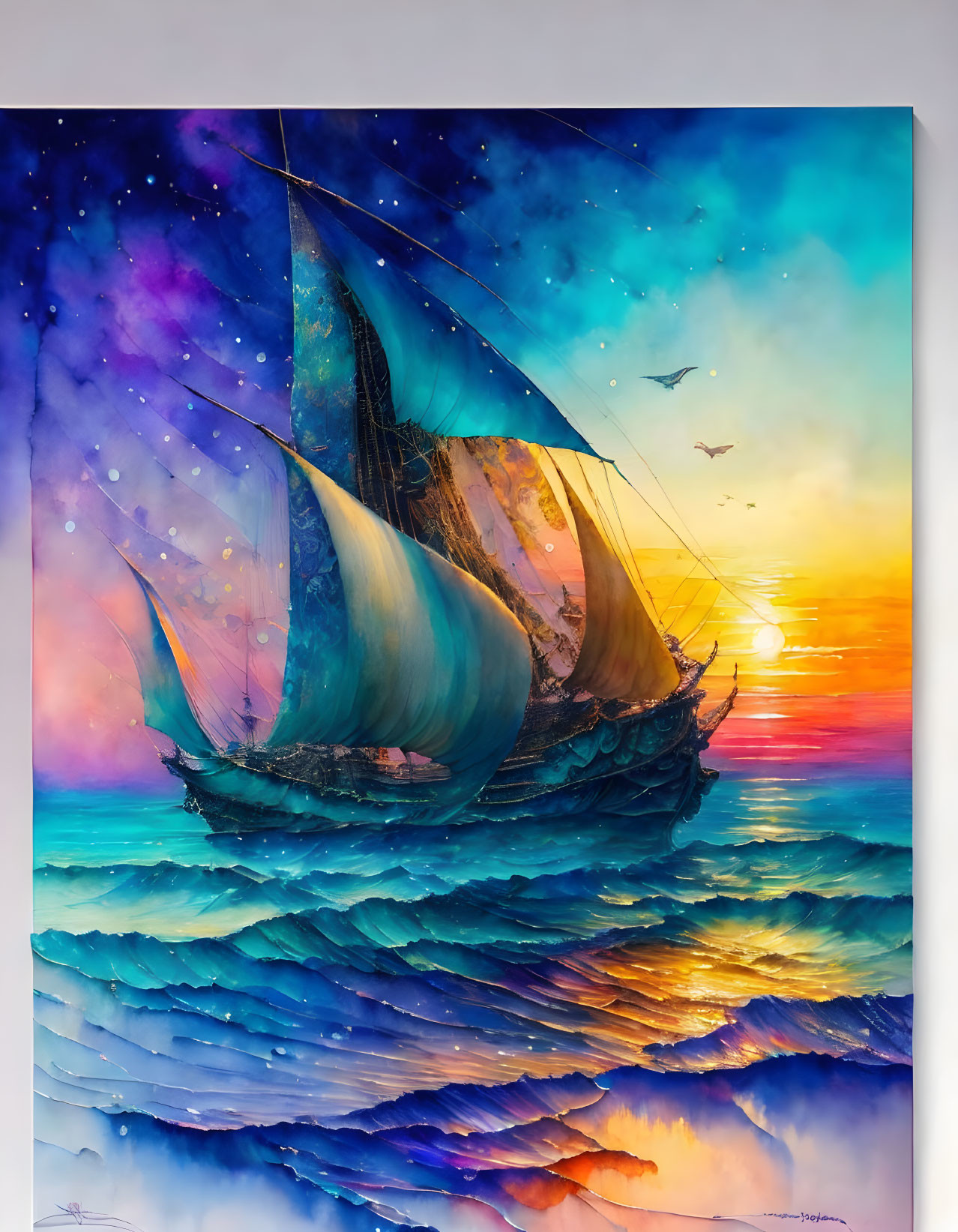 Colorful Sunset Seascape Painting with Sailing Ship