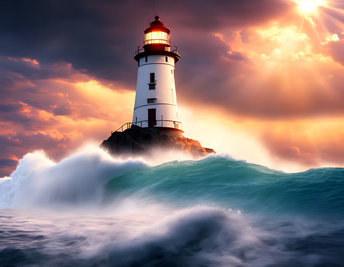 Rocky Outcrop Lighthouse at Sunset with Dramatic Waves