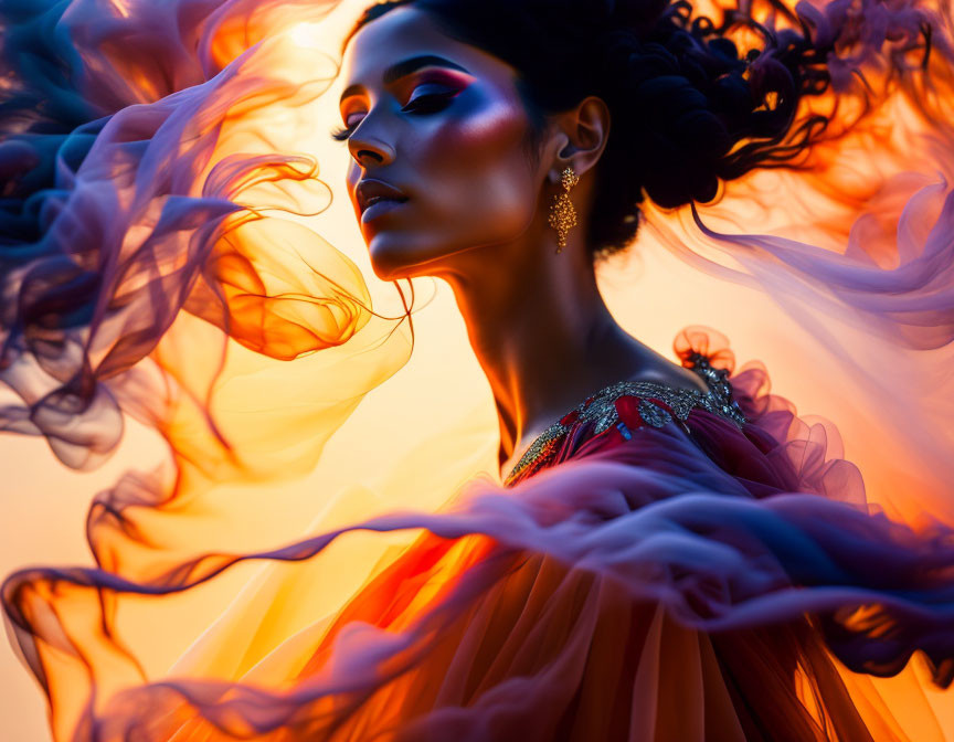 Elegant woman in flowing dress with warm backlighting