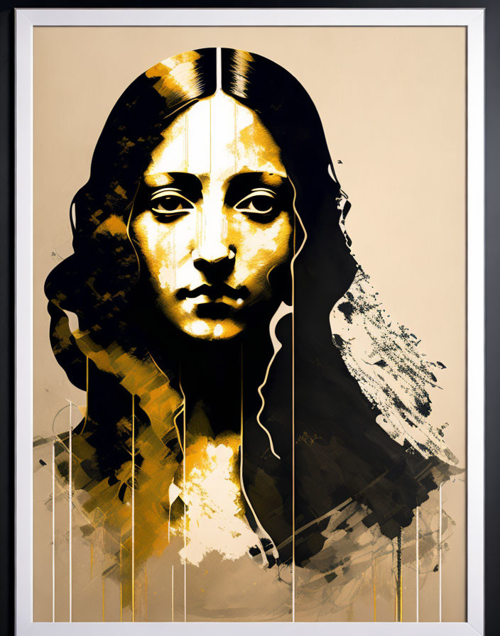 Abstract portrait of a woman with split visage in black and gold tones