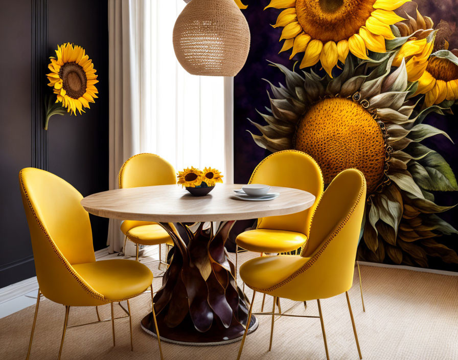 Bright dining room with yellow chairs, round table, sunflower mural, and woven light fixture