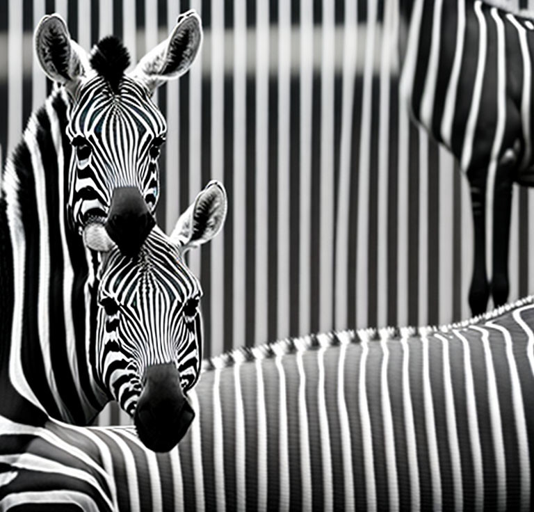 Monochrome image of two zebras blending stripes, one facing camera