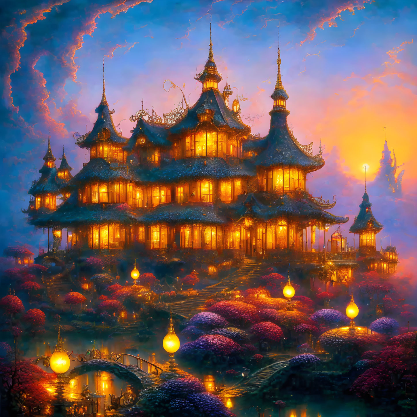 Illuminated palace with flowering trees under twilight sky