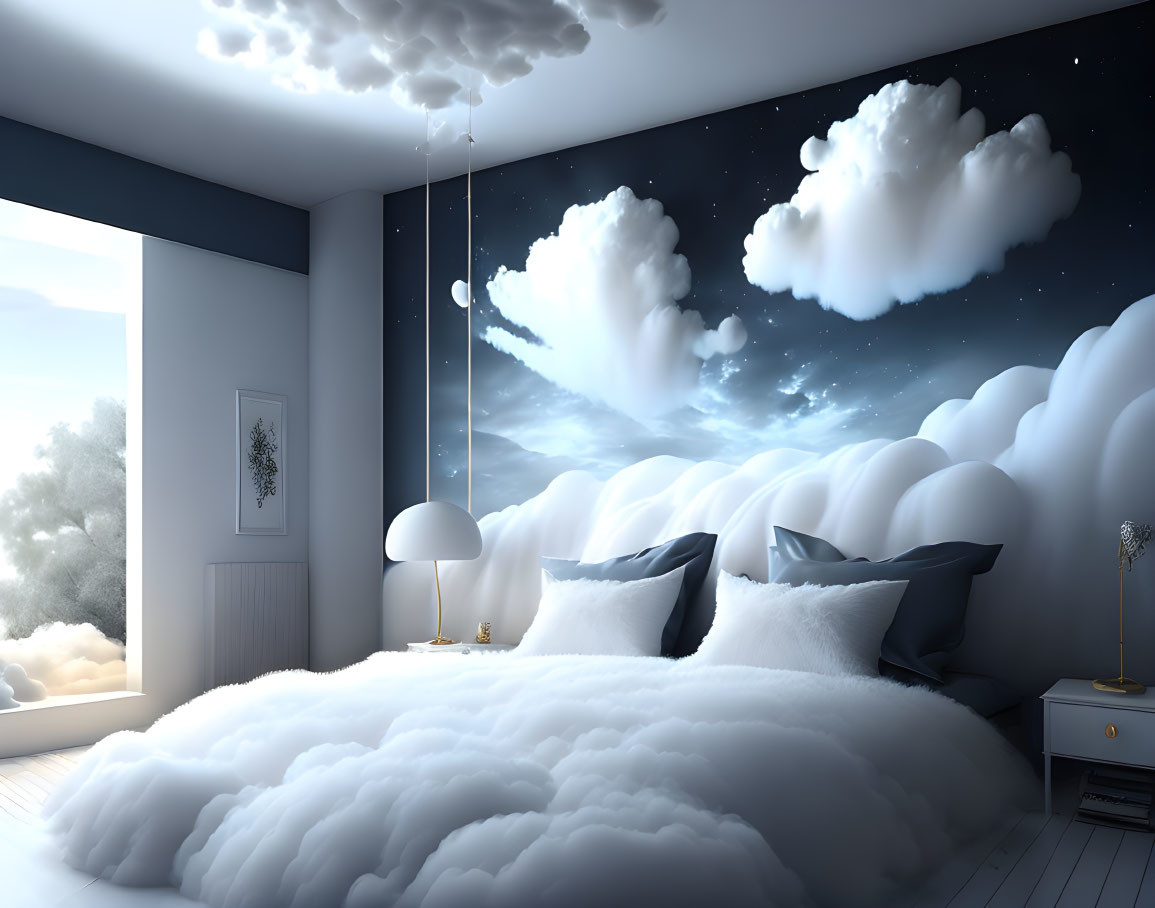 Surreal bedroom with cloud decor, starry sky wallpaper, moon and stars.