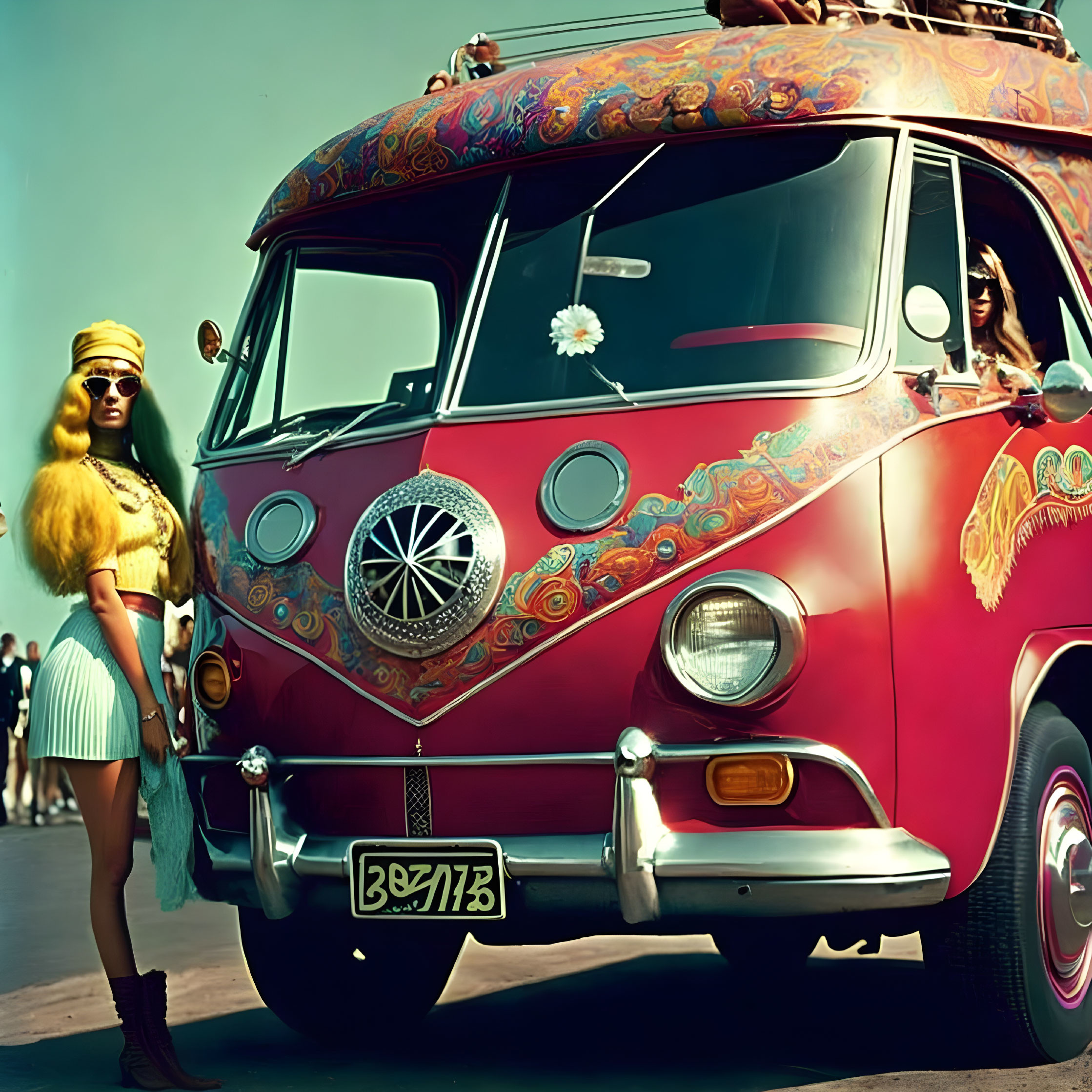 Person in retro outfit by colorful hippie-style van under clear blue sky