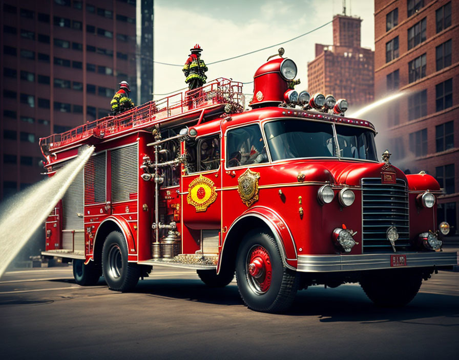 Classic red fire truck and firefighters with hose in urban scene.