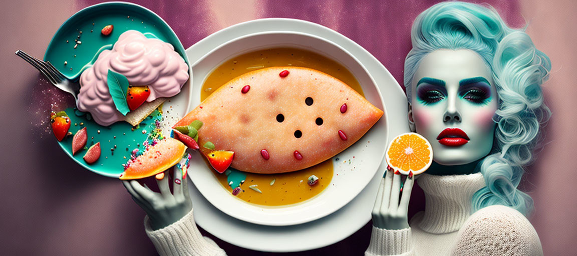 Artistic composition: Woman with blue hair and surreal meal with smiling pancake, brain dessert, and