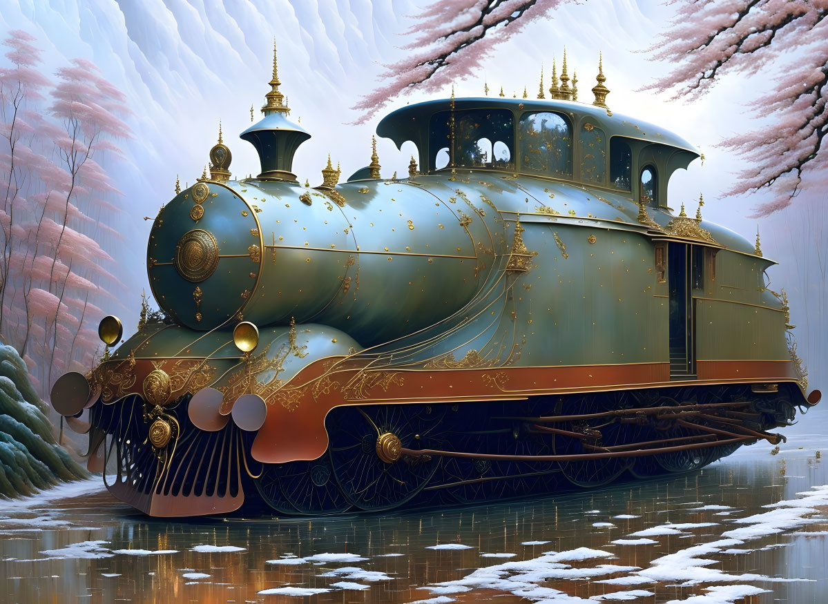 Vintage train with golden details in fantasy landscape