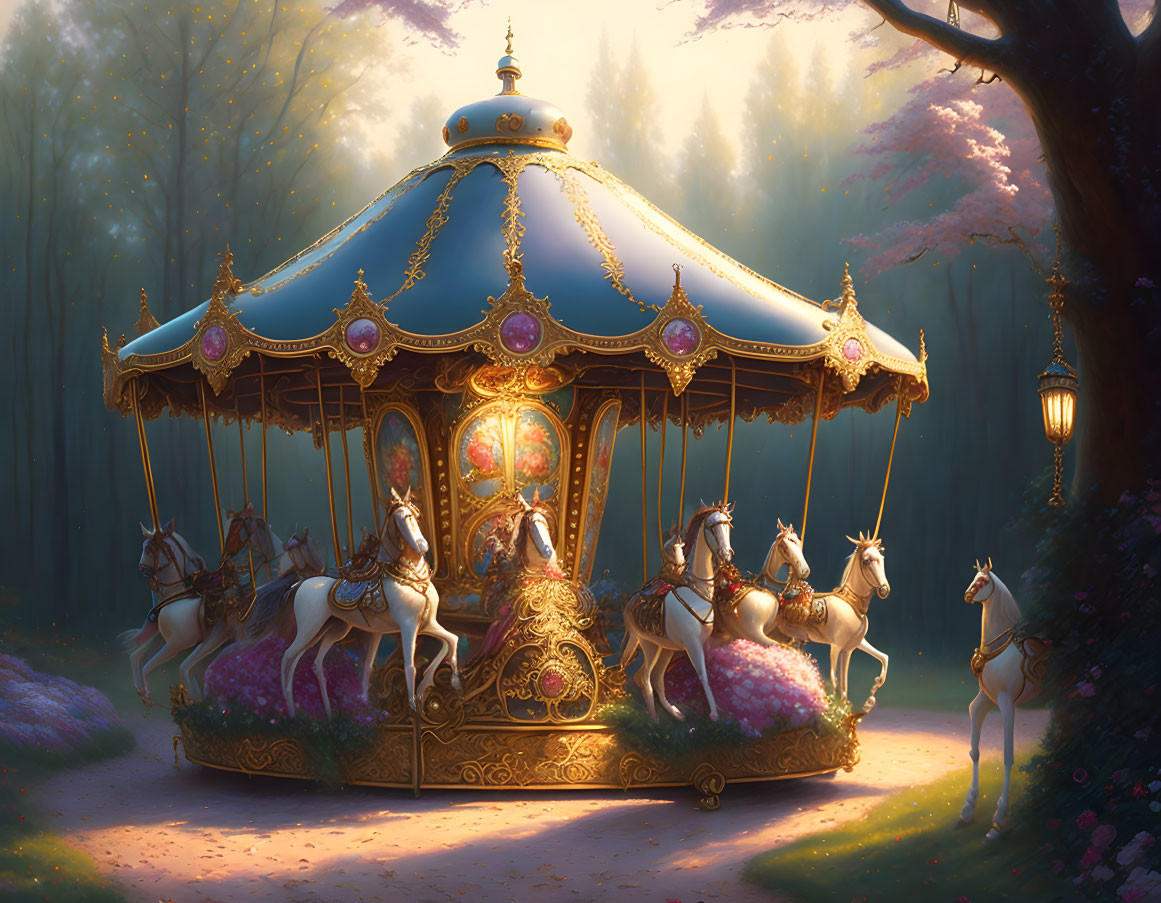 Ornate carousel with horses in mystical forest under golden sunlight