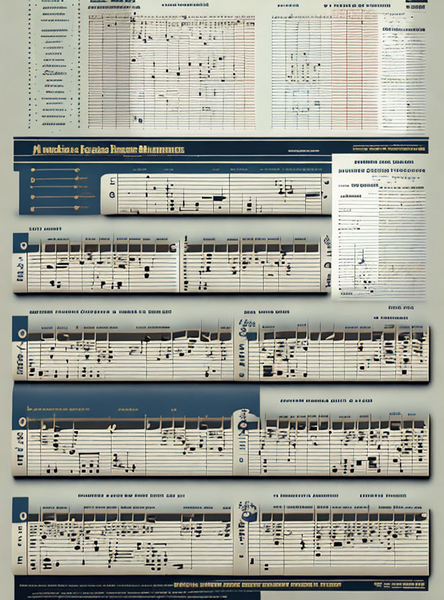 Musical scores for different instruments arranged in panels.