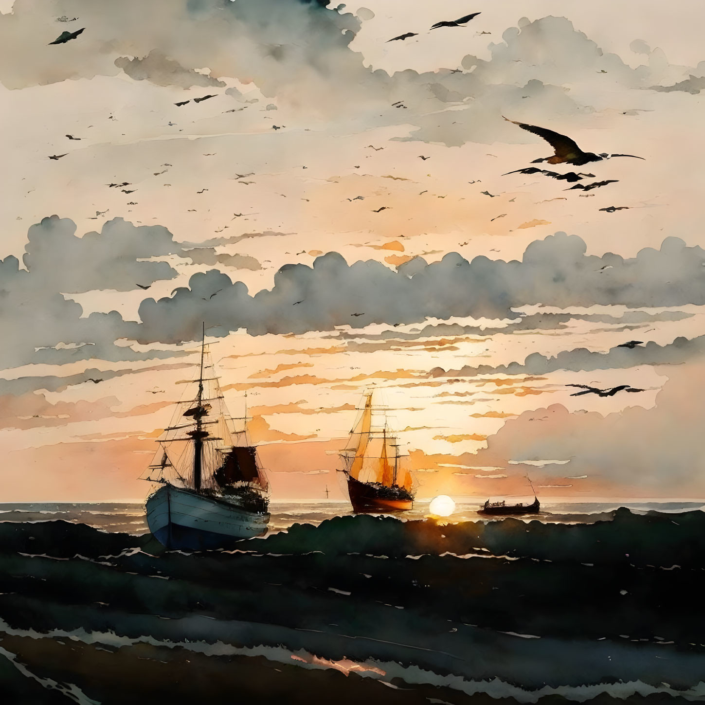 Sailing ships at sunset with birds and vivid orange light on sea