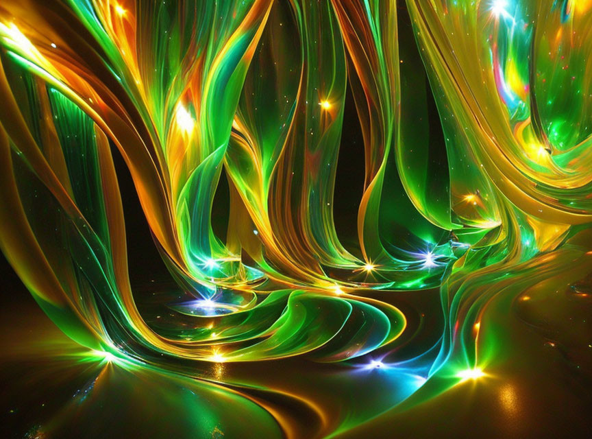 Abstract image: Vibrant green and yellow streaks with flowing curtain effect and bright sparkles