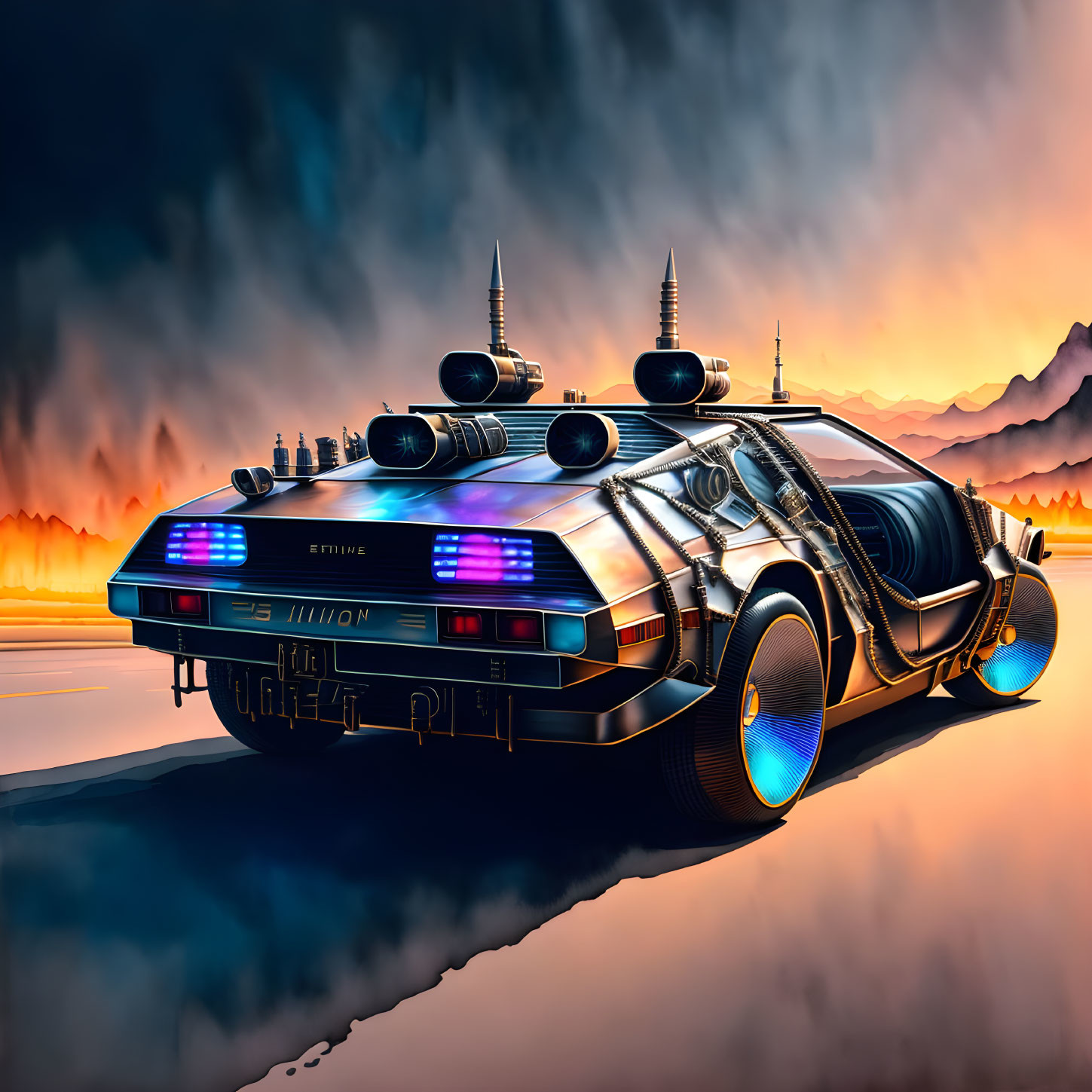 Futuristic car with glowing wheels against dramatic sky