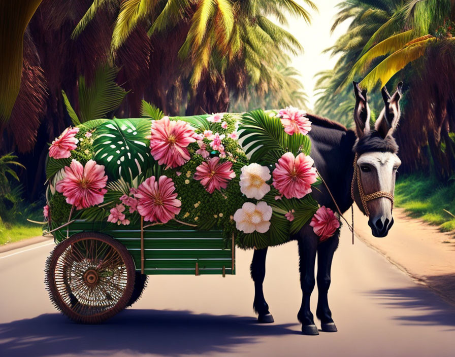 Donkey standing by floral-decorated cart on palm-lined pathway