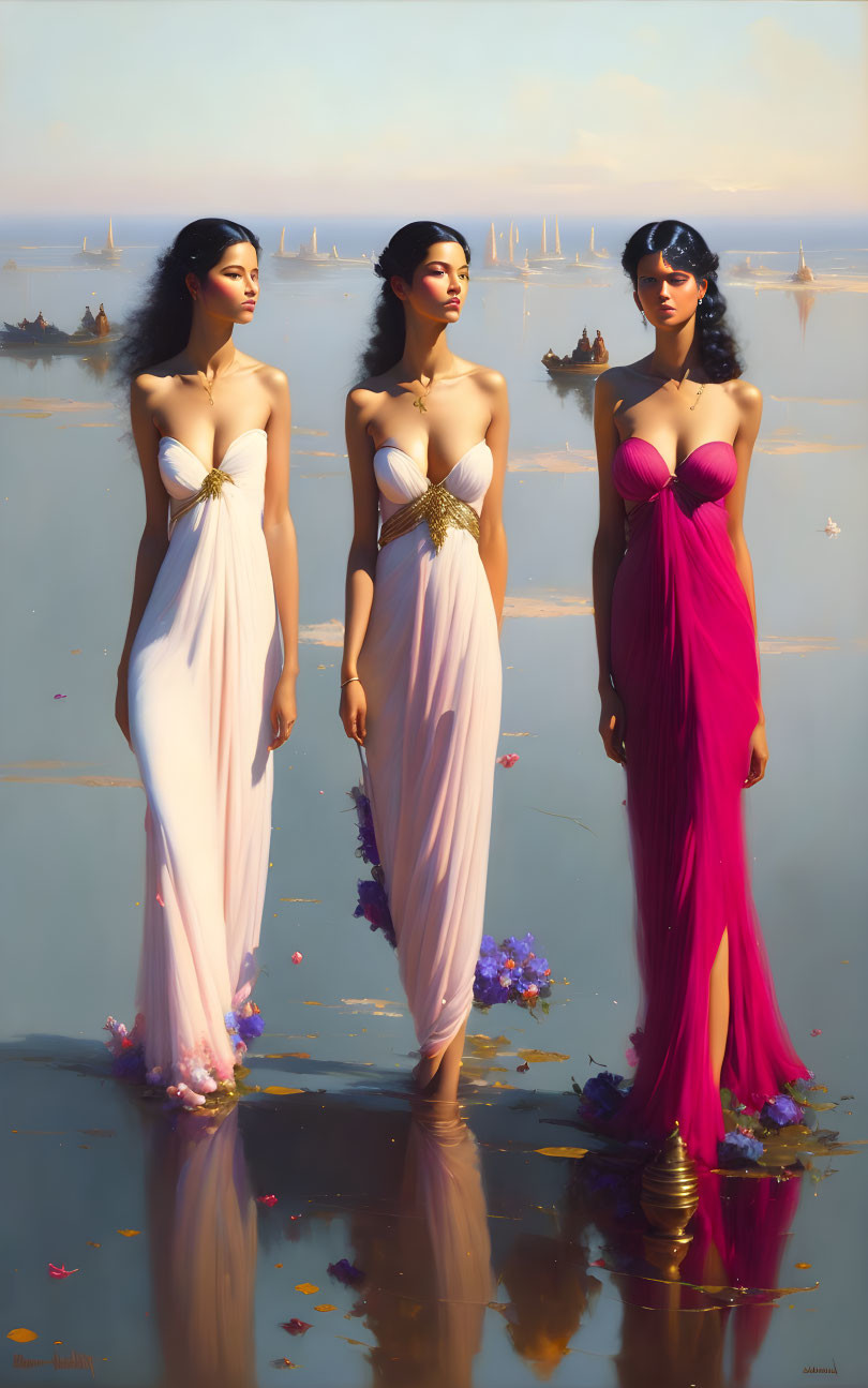 Three Women in Elegant Gowns on Reflective Surface with Boats and Skyline