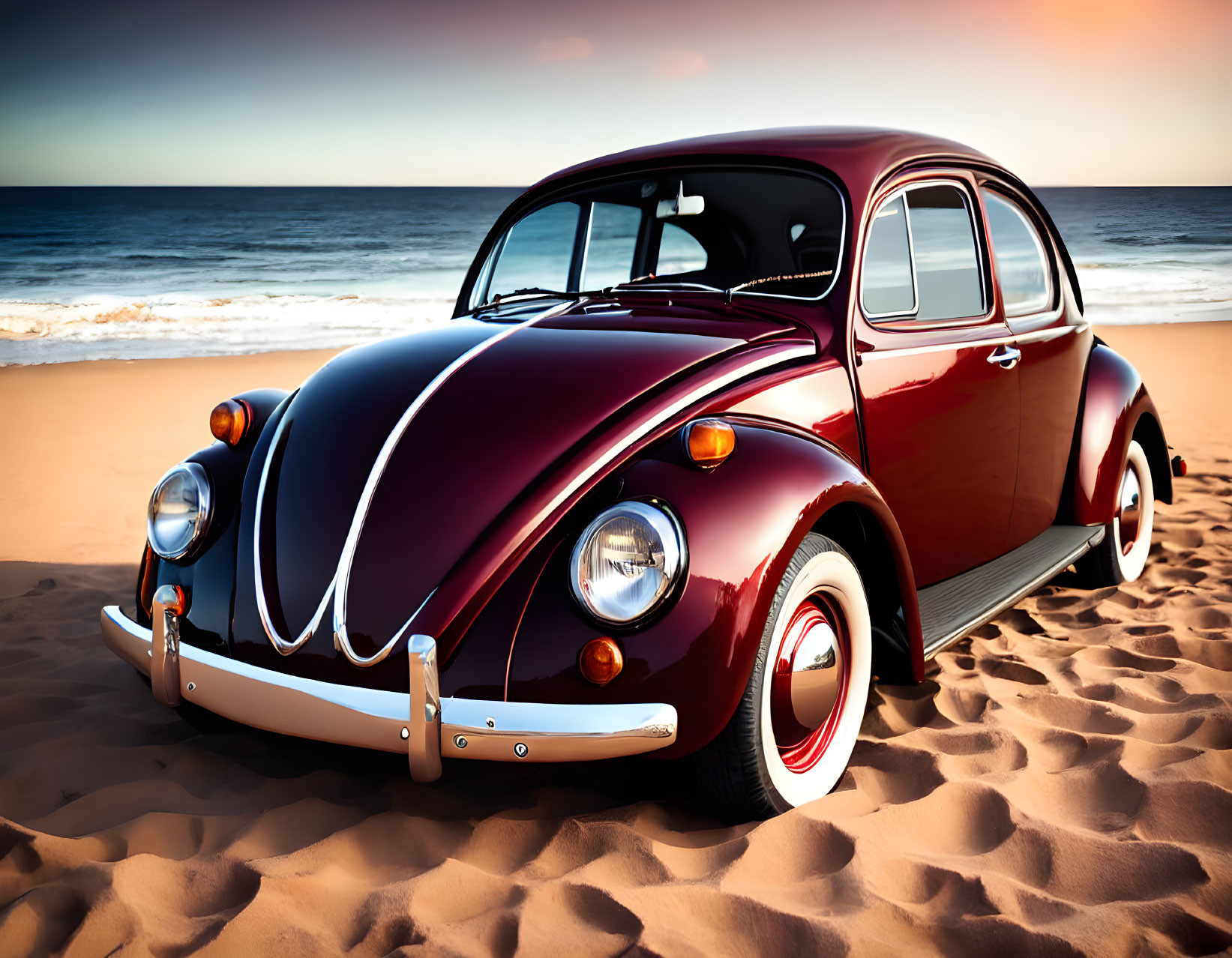 Red Volkswagen Beetle parked on sandy beach at sunset