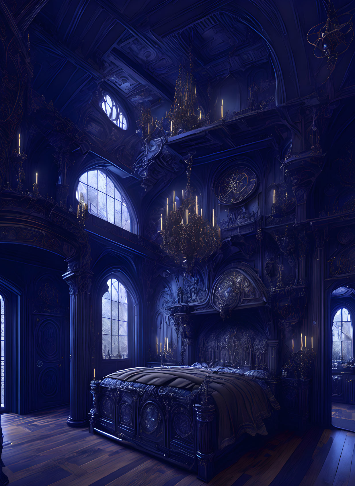 Opulent, gothic bedroom with dark wood furniture and chandeliers