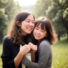 Happy children embracing with pink flowers in sunny floral setting