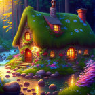 Cozy cottage with green roof, glowing windows, lantern-lit path by stream at twilight