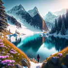 Person in Red Jacket by Alpine Lake with Pink Flowers and Snow-Covered Mountains