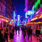 Vibrant neon-lit street scene with crowded sidewalks