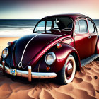 Red Volkswagen Beetle parked on sandy beach at sunset