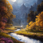 Tranquil twilight landscape with full moon over river, autumn trees, and misty mountains